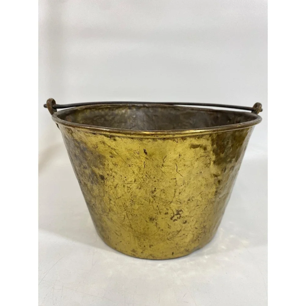 Antique OLD HW Hayden Brass Bucket Patent Spun Brass Pail Iron Handle 1865